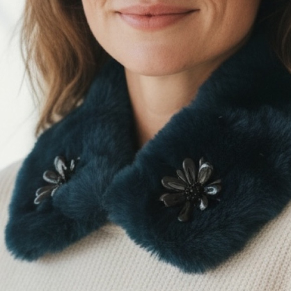Yves Salomon Dark Teal Fur Scarf with Black Floral Accents